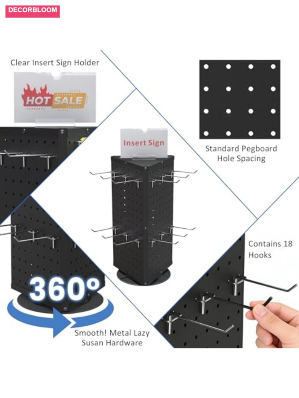 Rotating Pegboard Display Stand with 18 Hooks, 360 Degree Spinning Countertop - Picture 3 of 6
